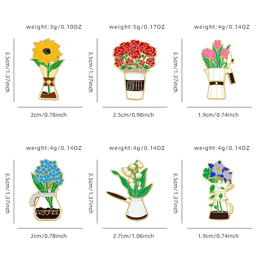 Set of 6 Minimalist Alloy Coffee Flower Enamel Brooch Pins Irregular Shaped Lapel Accessories