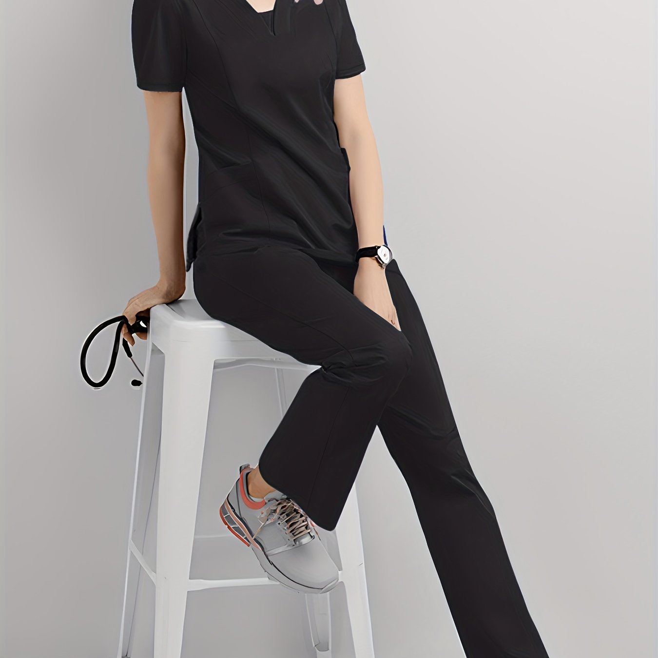 Women's Scrub Set V-Neck Top and Drawstring Pants Breathable Polyester Spandex Medical Uniform