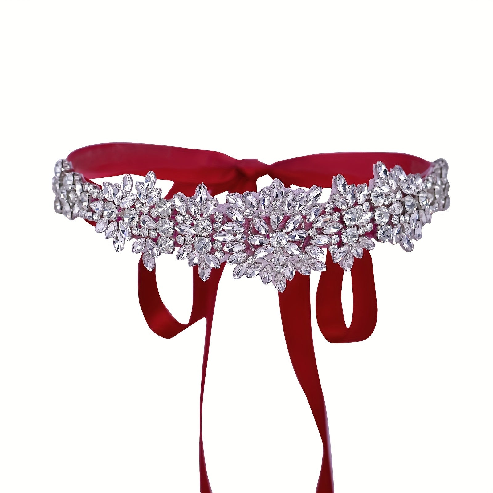 Wedding Dress Belt with Shiny Silver Stones and Red Ribbon for Bridal Evening