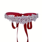 Wedding Dress Belt with Shiny Silver Stones and Red Ribbon for Bridal Evening
