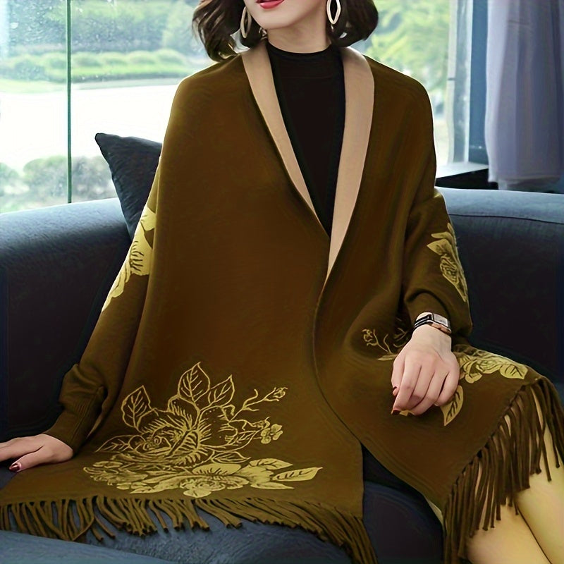 Women's Reversible Jacquard Warm Cape Shawl with Brooch Stylish Wrap