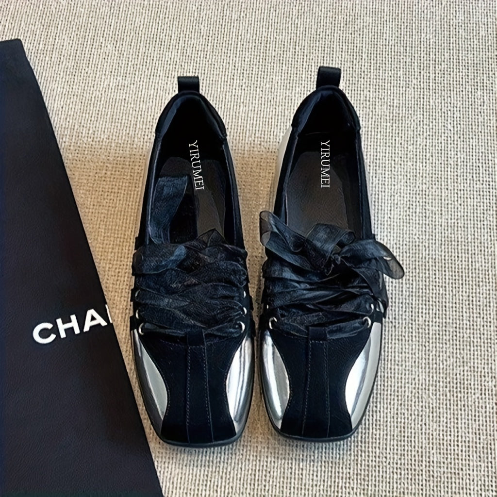 Women's French-Inspired Mary Jane Flats Square Toe Lace-Up Shoes Black White