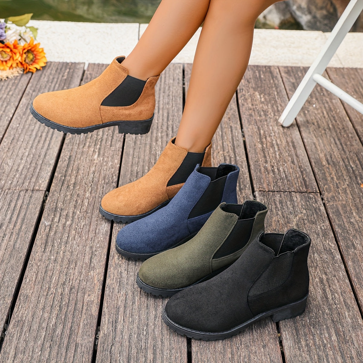 Women's Ankle Boots Leather Mid-Heel Casual Dress Shoes Black Blue Green Brown