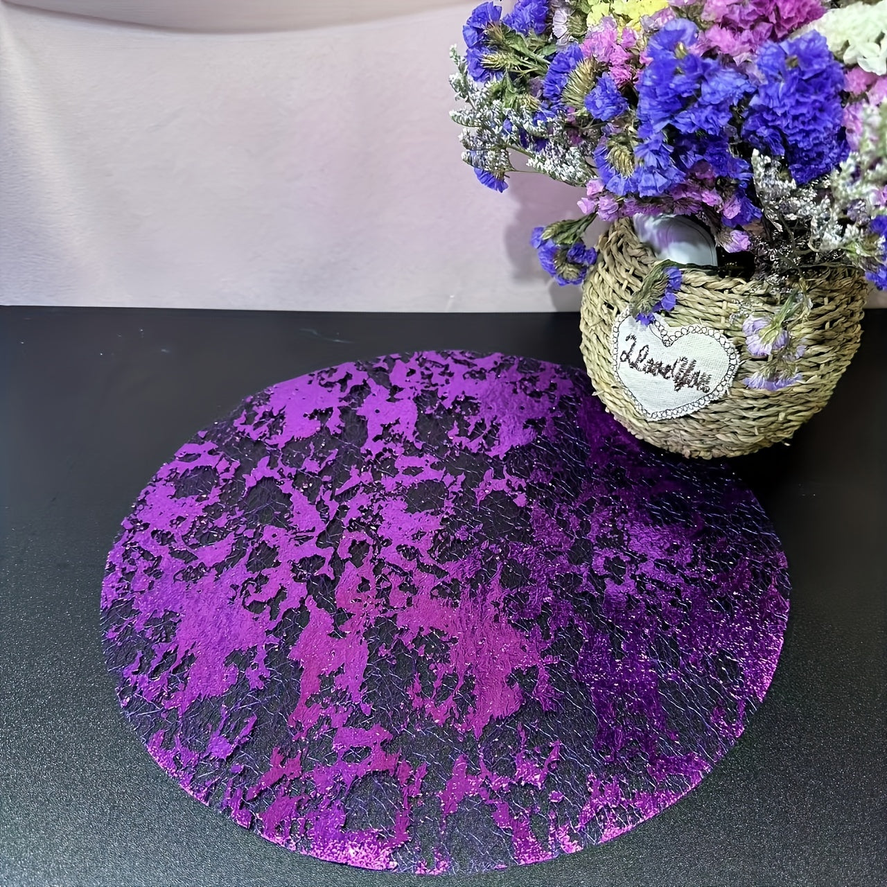 Set of 12 24 or 50 Disposable Round Glitter Foil Placemats Blue and Purple