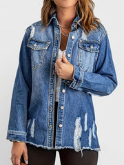 Women's Denim Jacket Washed Distressed Ripped Solid Color Spring Summer Coat