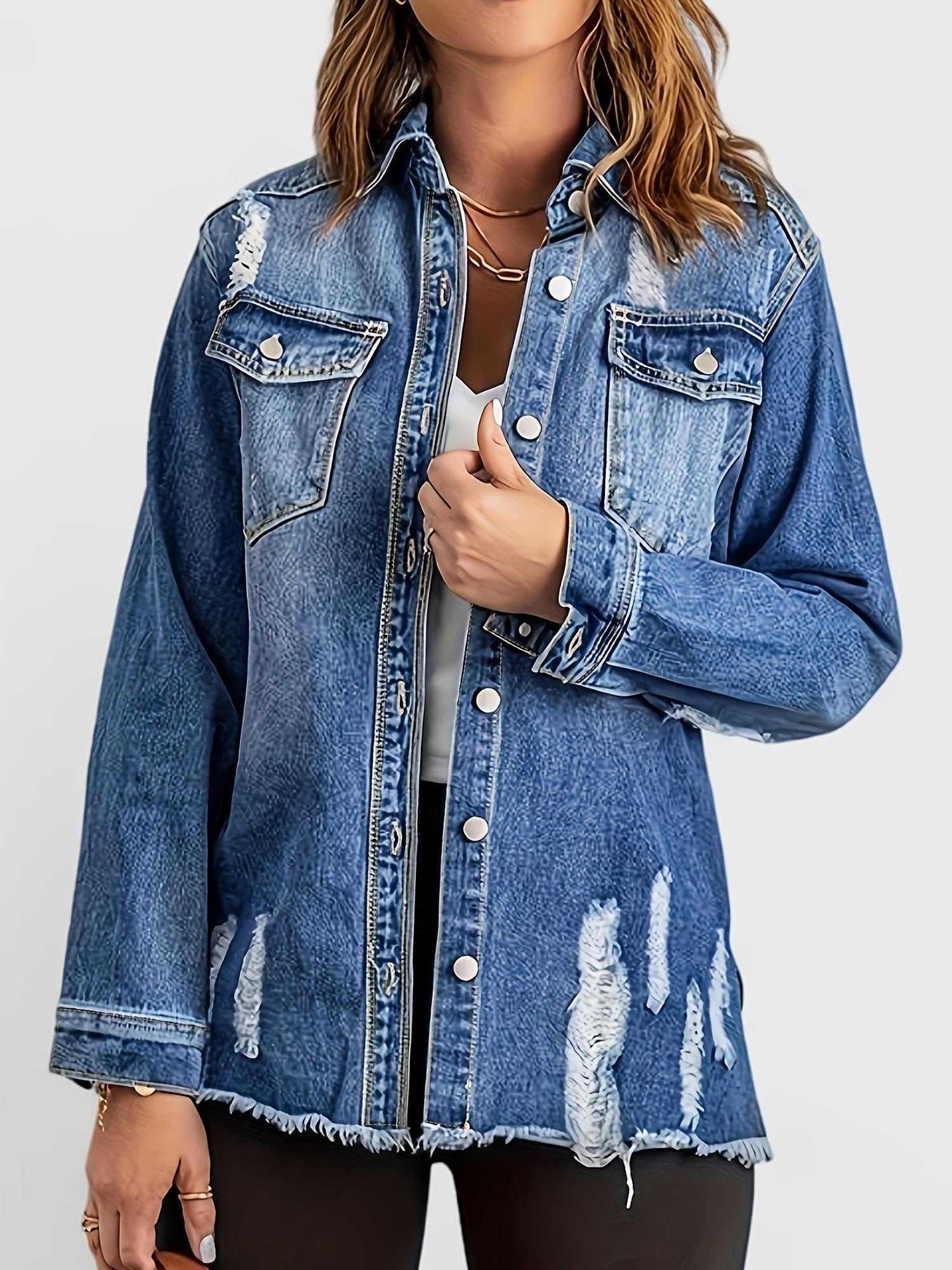Women's Denim Jacket Washed Distressed Ripped Solid Color Spring Summer Coat