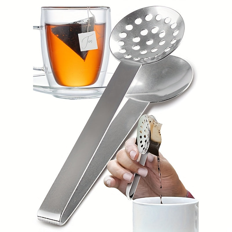 Stainless Steel Tea Bag Squeezer Tongs with Strainer and Solid Plates for Office Camping Home