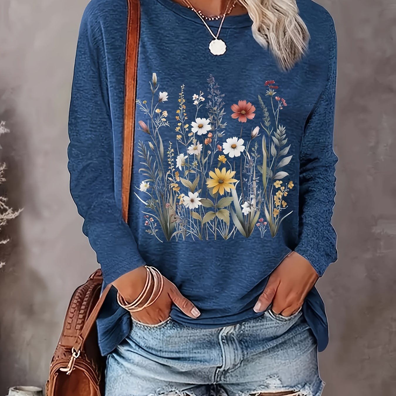 Women's Plus Size Floral Print Long Sleeve T-Shirt for Spring Fall