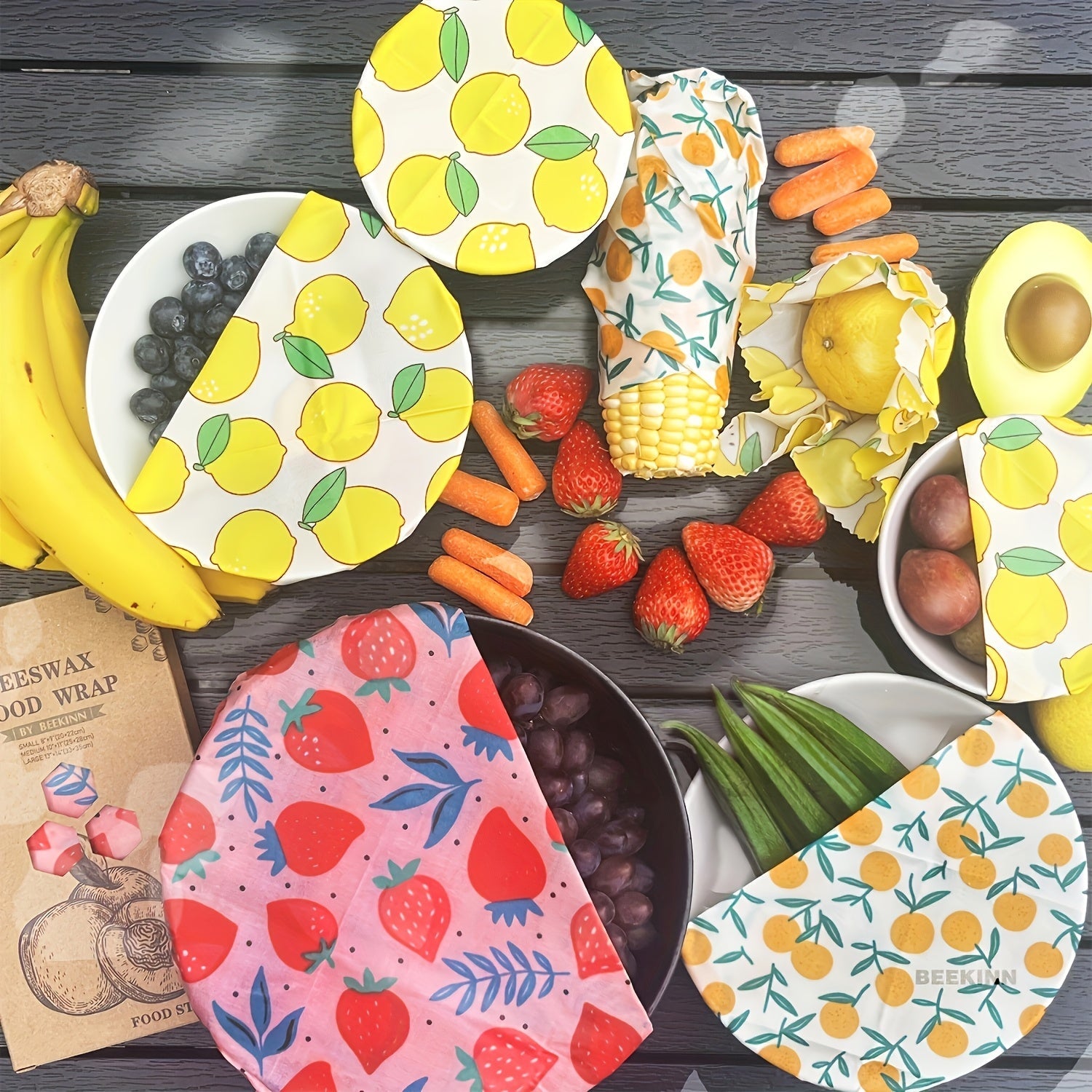 Food Covers Set 9 Pieces Beeswax Wraps Reusable Food Preservation for Leftovers and Fruits