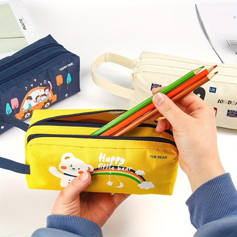 Space Astronaut Cartoon Animal Canvas Double-Layer Pencil Case for School Supplies