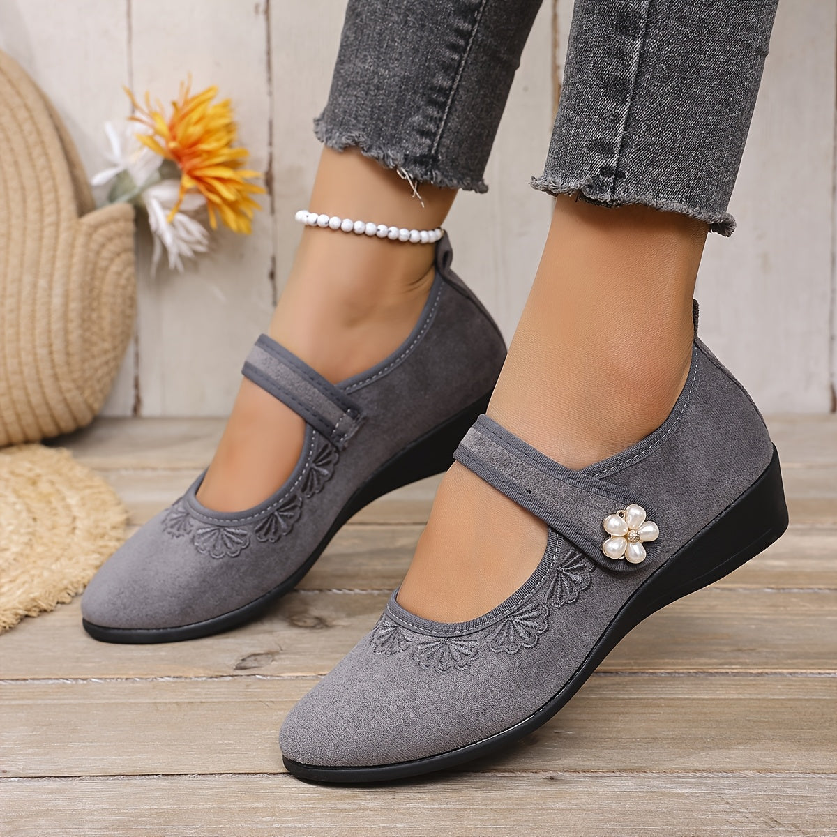 Ayollar uchun flanelli tikilgan Mary-Jane poyabzali, engil, kundalik, yengil burchakli taglik bilan