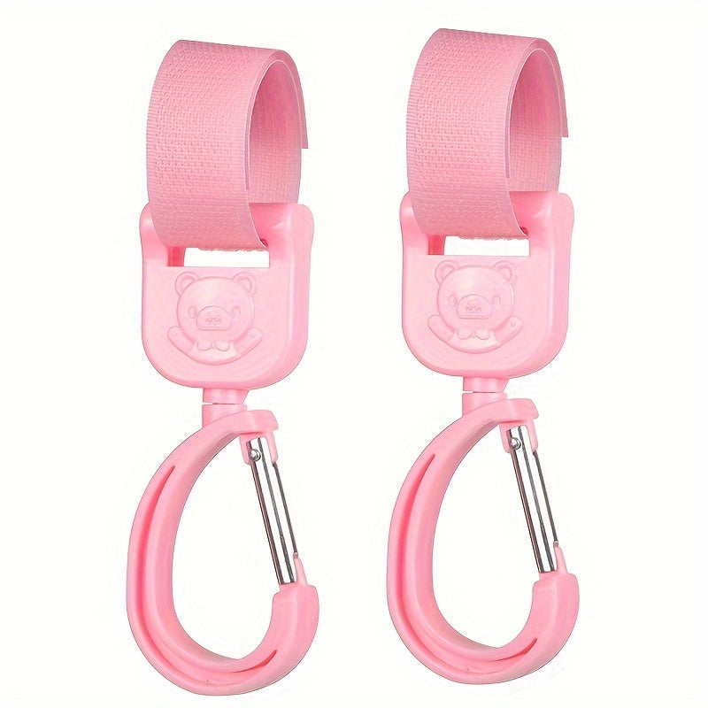 Paquete de 2 ganchos para cochecito con clips de mosquetón de metal, negro y rosa, accesorios
