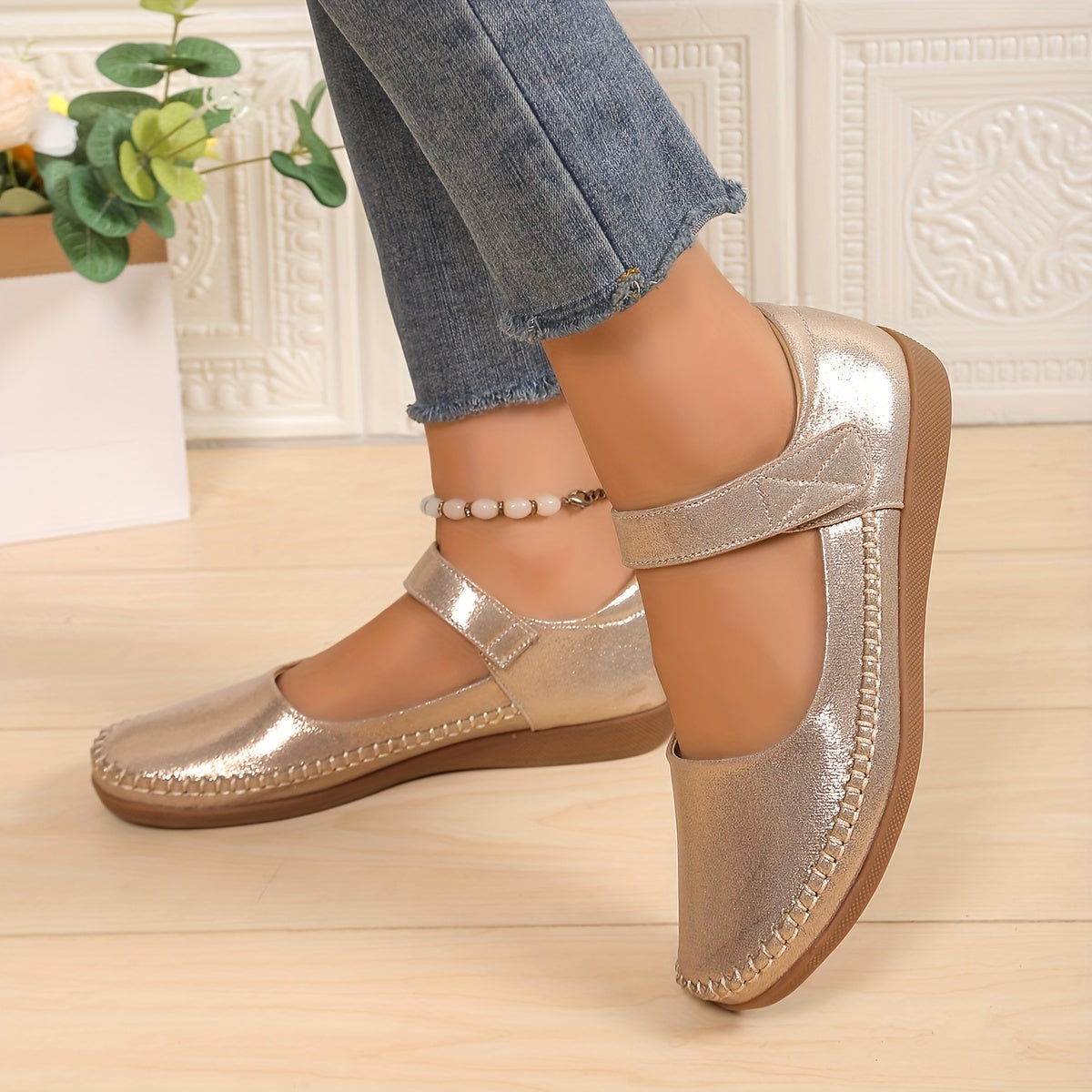 Ladies Flat Shoes Lightweight Comfortable Round Toe Buckle Strap Casual