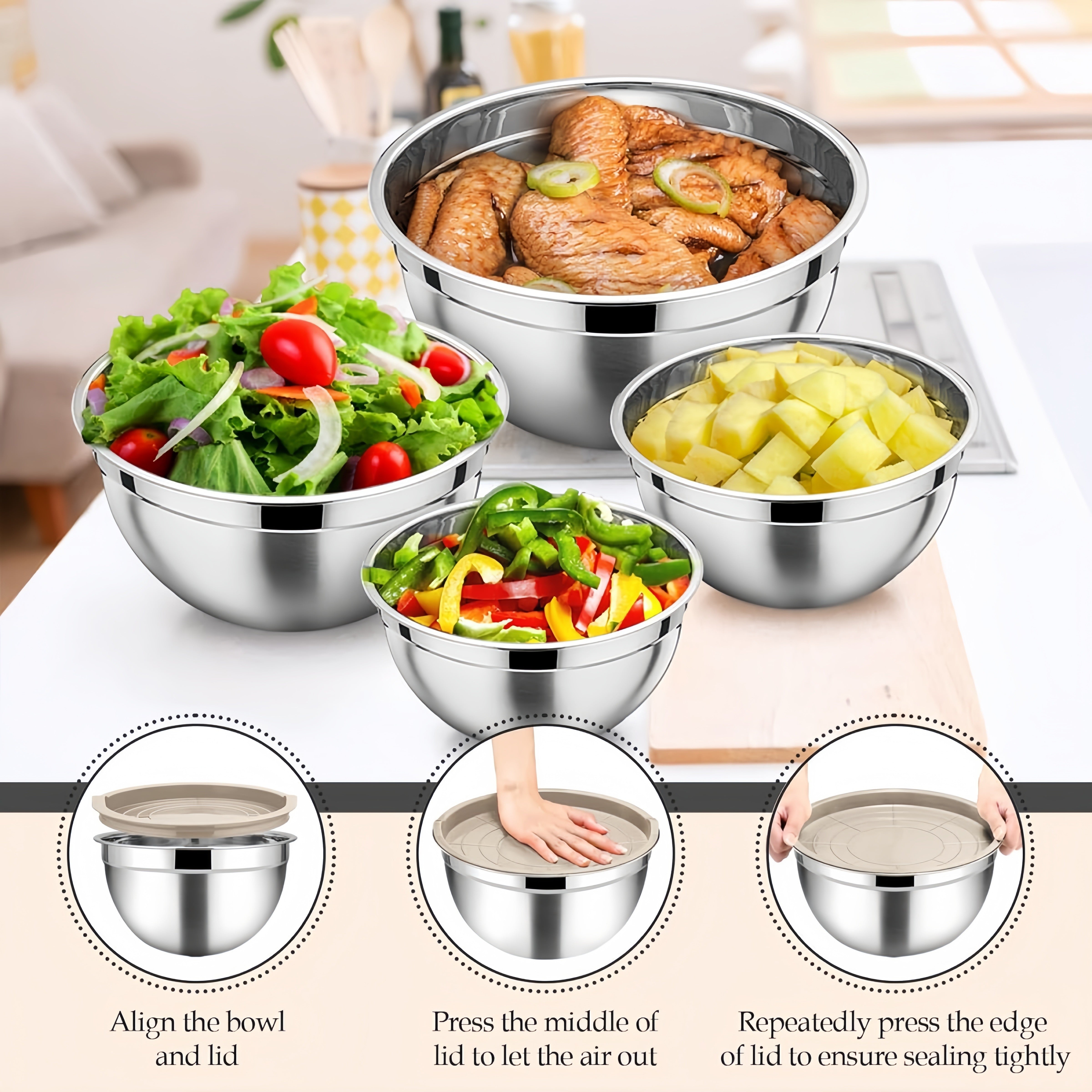 15-Piece Stainless Steel Mixing Bowls Set with Airtight Lids and Grater Attachments