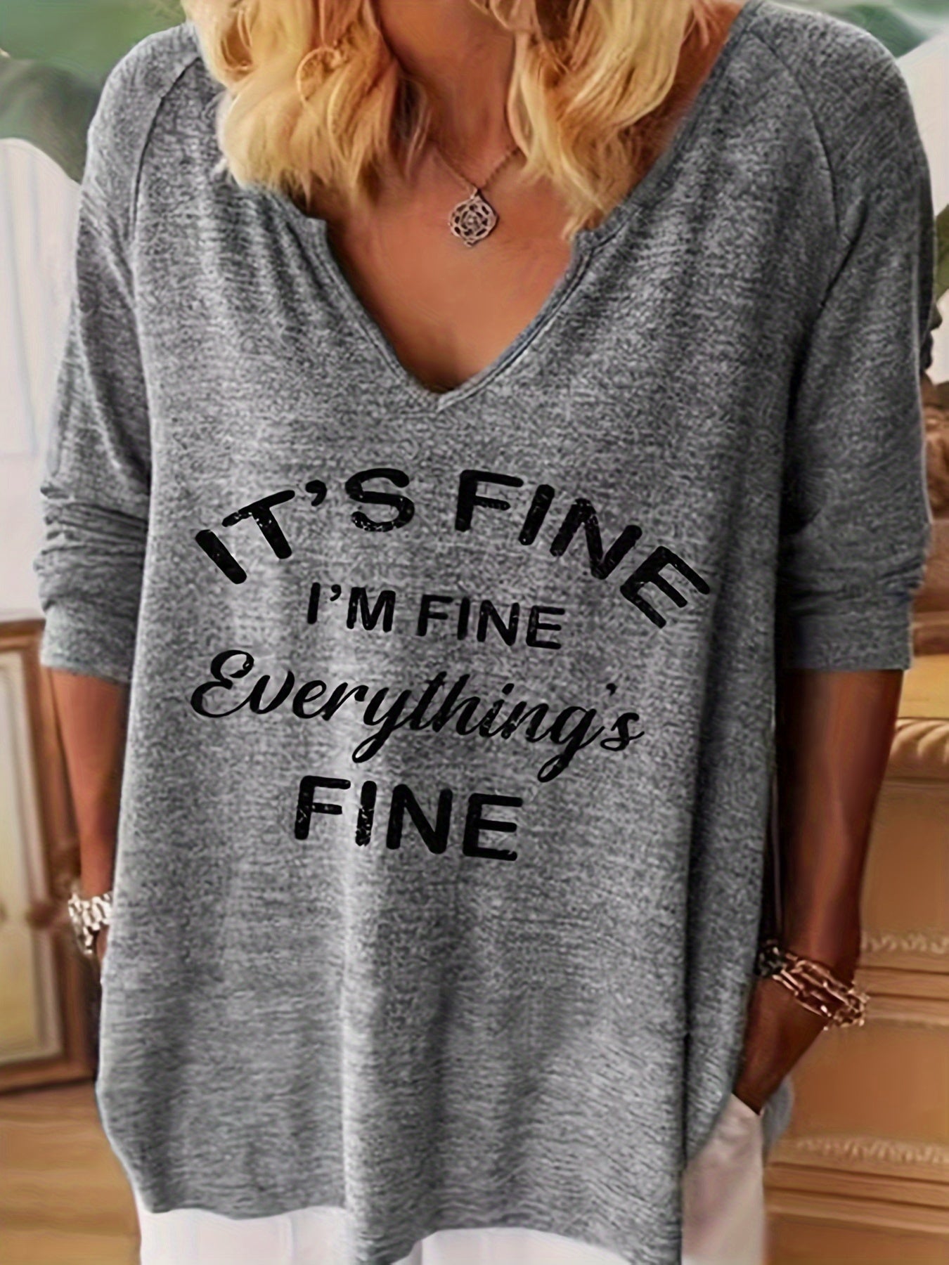 Plus Size V-Neck T-Shirt Long Sleeve Casual Spring Fall Women