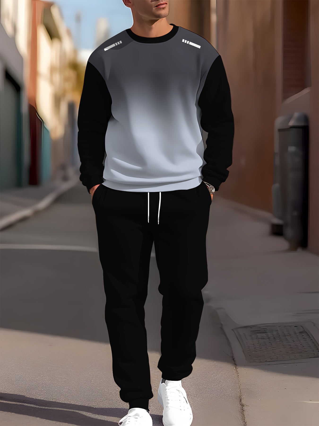 Men's Gradient Color Blocking Long Sleeve Sweatshirt and Sweatpants Set Casual Sportswear