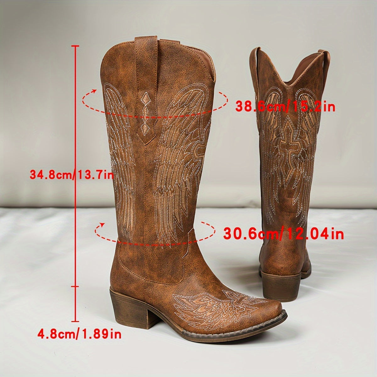 Women’s Western Cowboy Boots Faux Cover Embroidered Angel Wings Mid-Heel