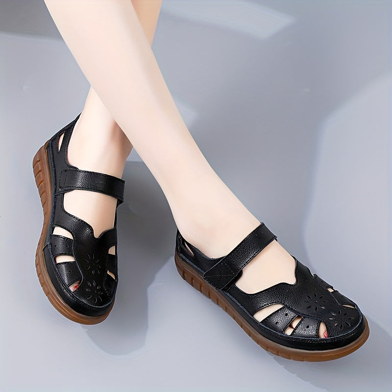 Women's Breathable Leather Sports Sandals with Hook and Loop Fastener and Cut Out Design