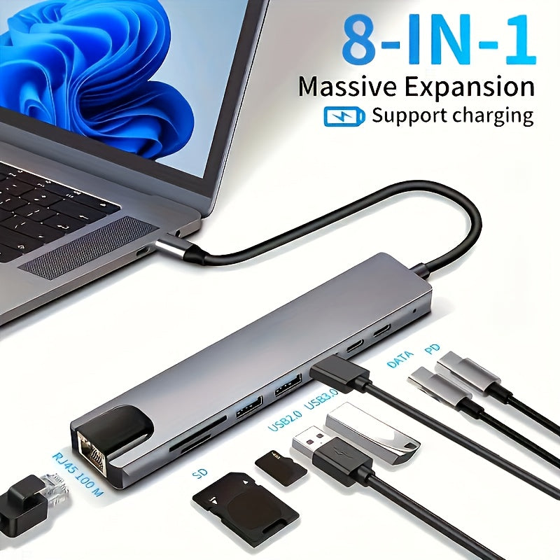 Hub USB-C 8 en 1 con HDMI 4K, Ethernet, lector de tarjetas SD/TF y carga rápida