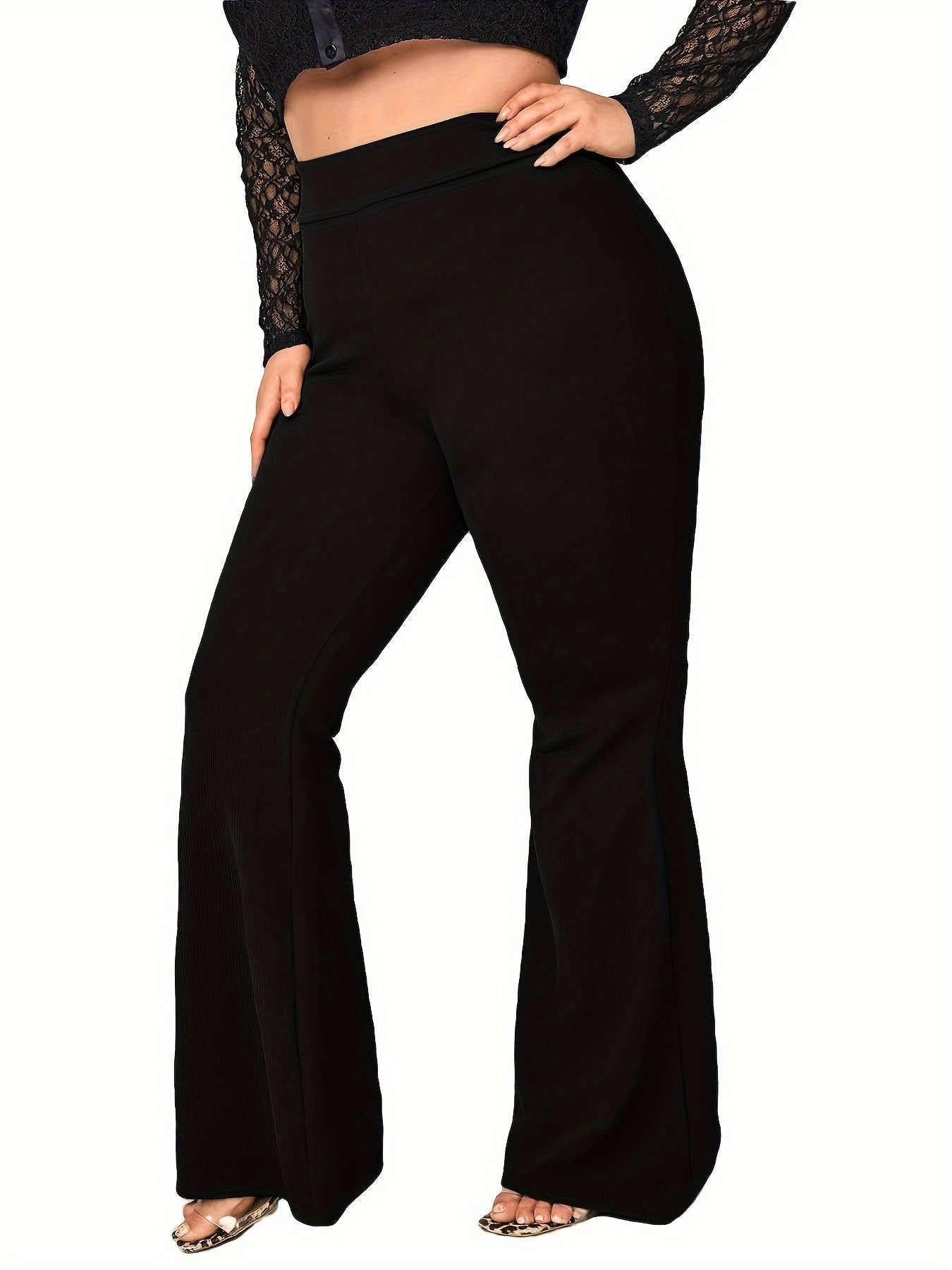 Plus Size Flared Leg Pants High Waist Solid Color Women’s Clothing