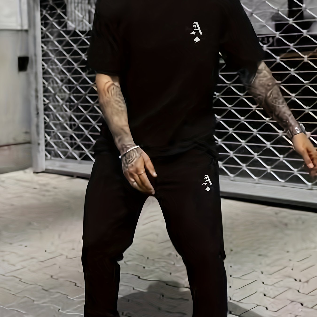 Men's Summer Sports Set Short Sleeve Crew Neck T-Shirt and Regular Fit Polyester Spandex Pants