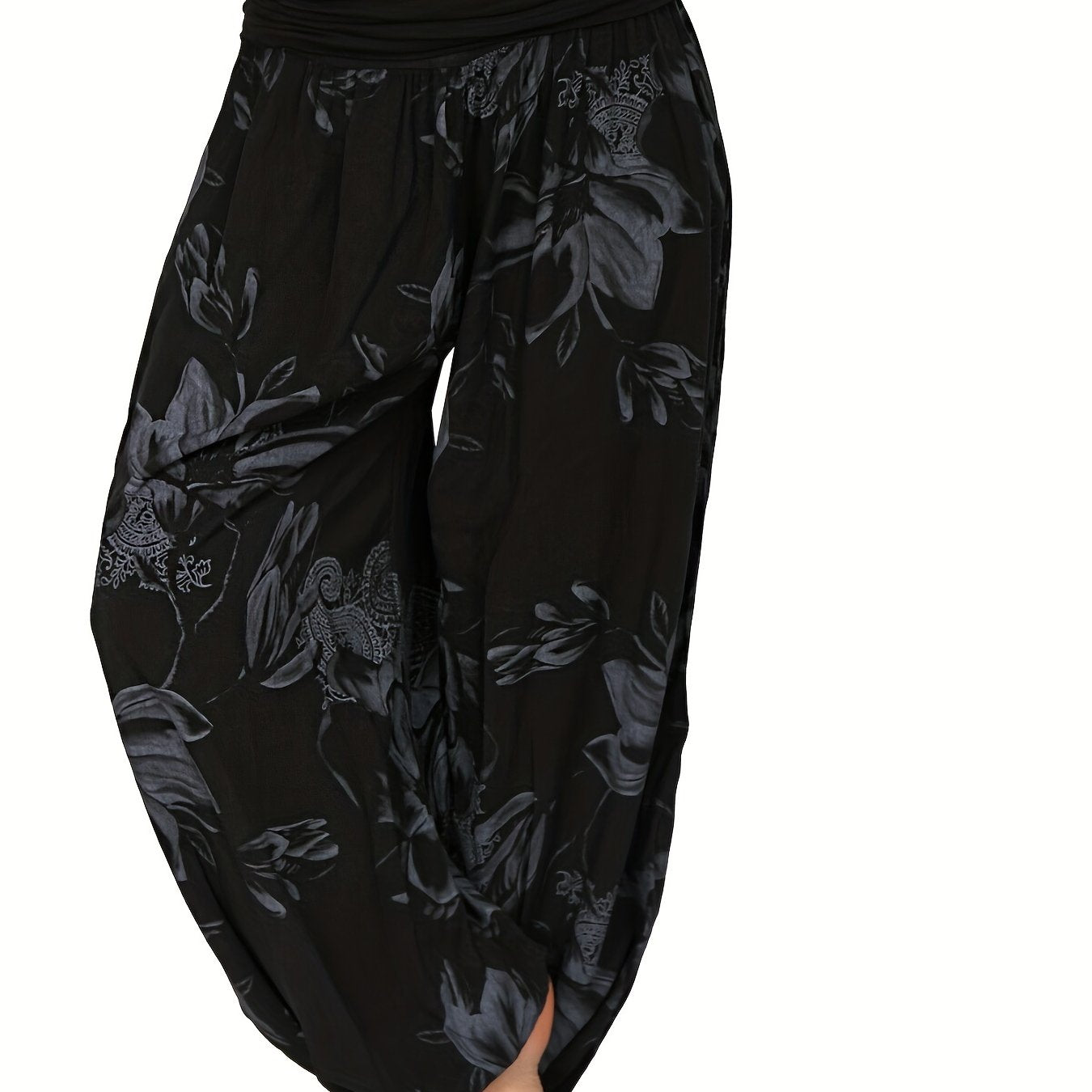 Pantalones harem de estampado floral para mujer en azul y blanco, de poliéster ligero, con pierna ancha, estilo casual para vacaciones