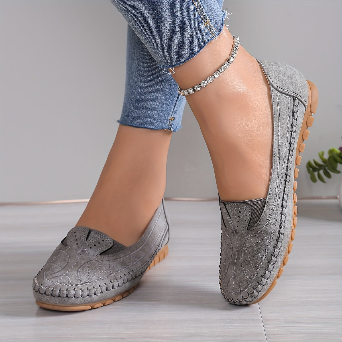 Women's Ballet Flats Faux Cover Slip-On Casual Shoes Cushioned TPR Sole