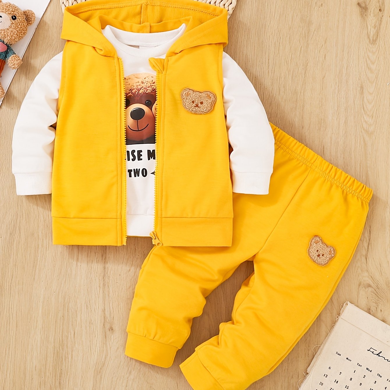 Boys Children's Embroidered Bear 3-Piece Knit Clothing Set for Spring Fall Outdoor