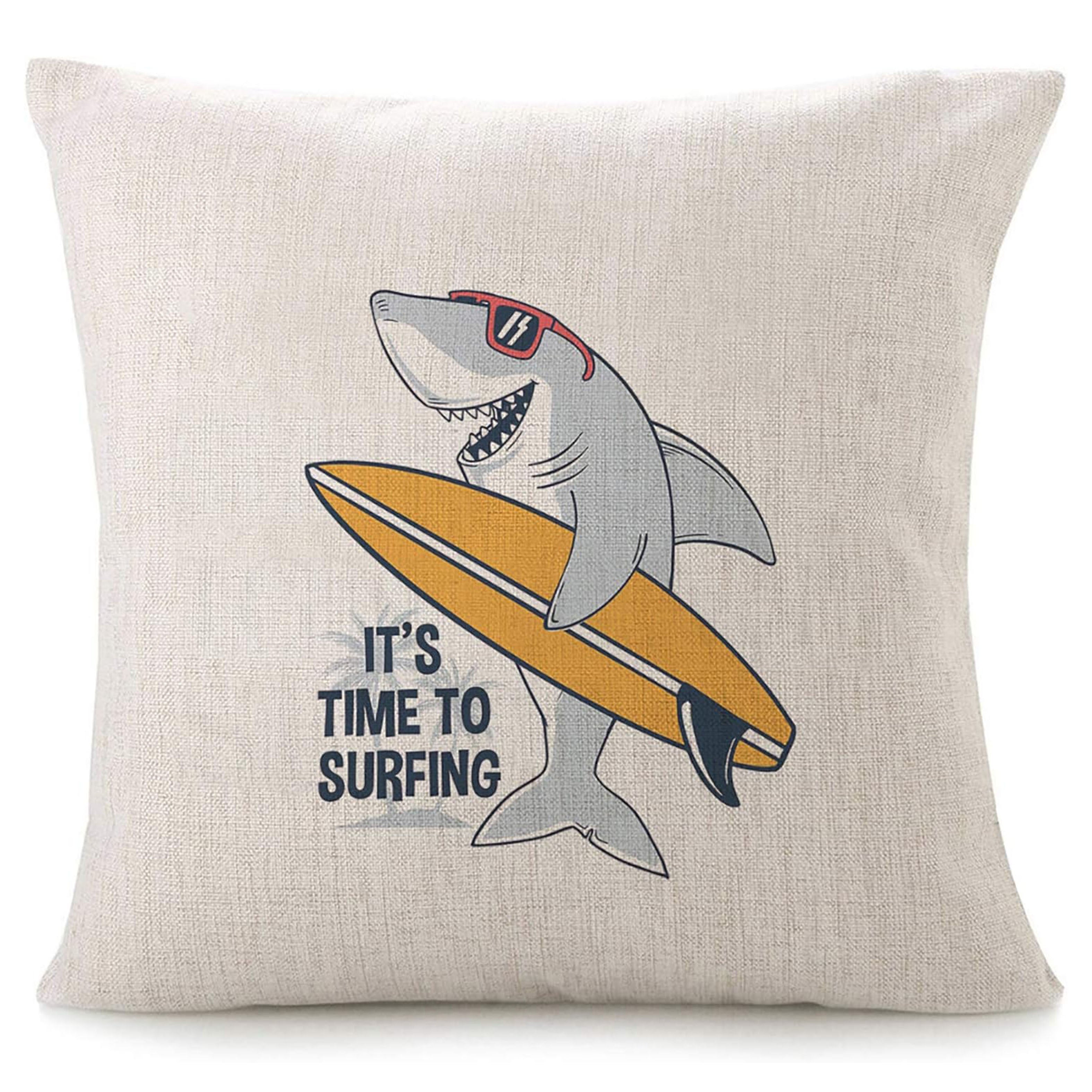 Surfing Shark Linen Throw Pillow Cover Ocean Theme Zipper Closure Decorative Cushion Case