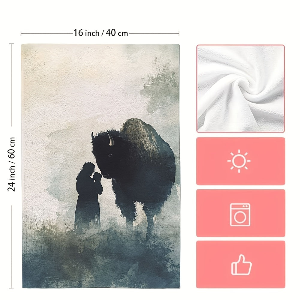 2 ta Ultra Soft oshxona sochiqlari to'plami, akvarel Bison inson silueti, 16x24 dyuym