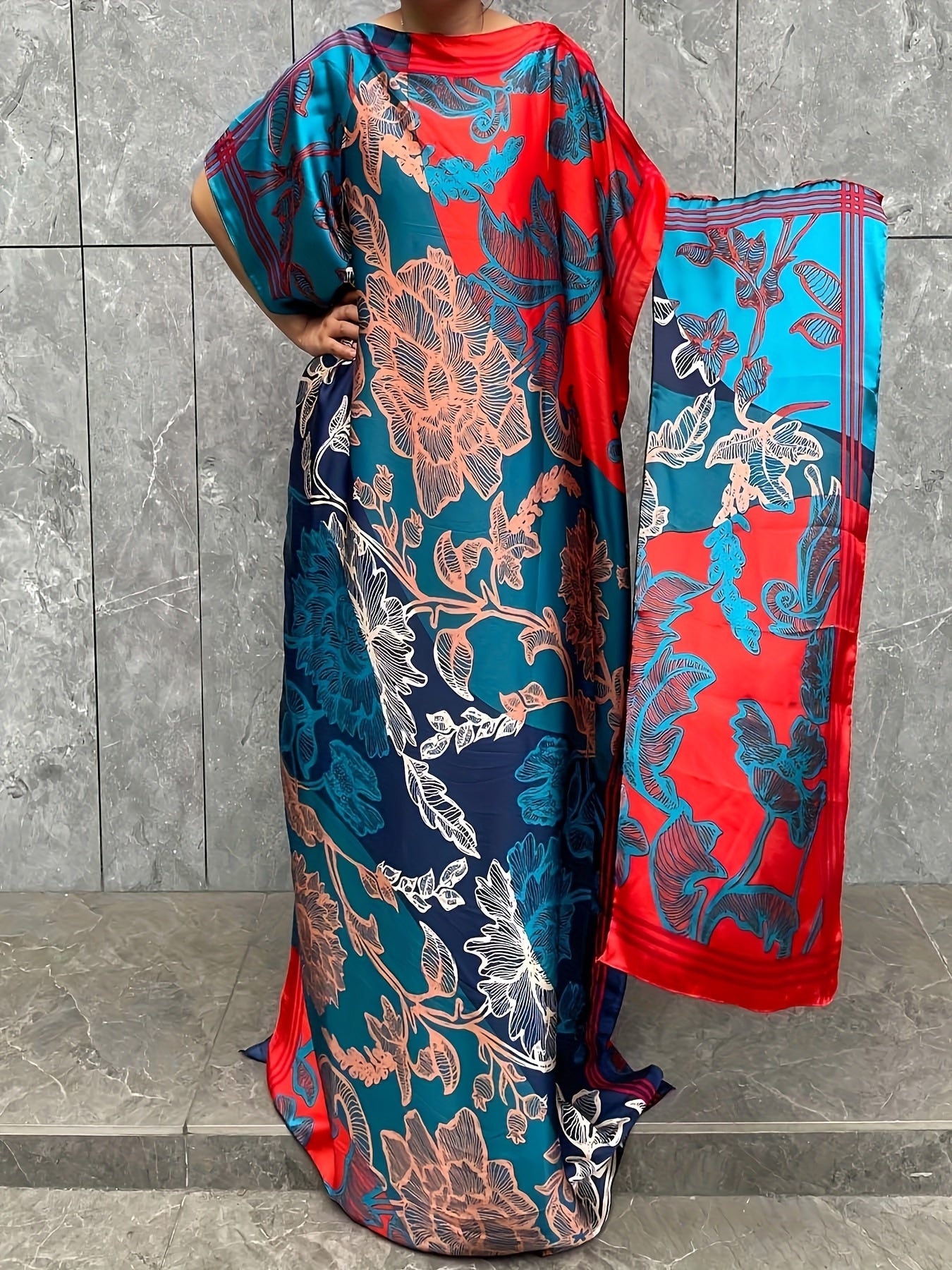 Plus Size Floral Longline Dress Short Sleeve Crew Neck Summer Women