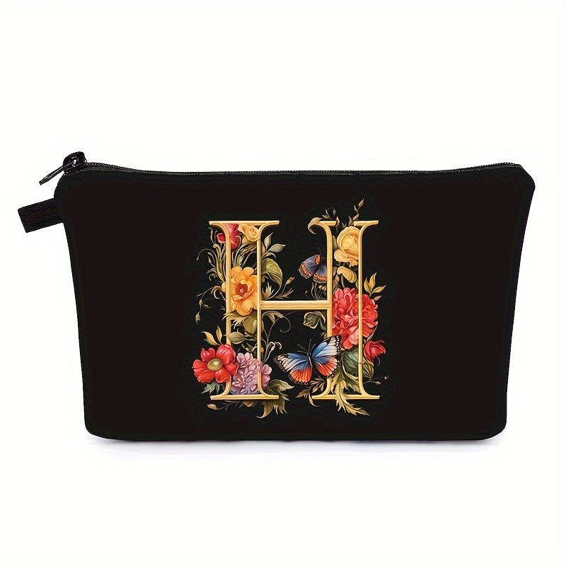 Bolsa de maquillaje negra para mujer con patrón de mariposas y flores para organizar los esenciales de belleza