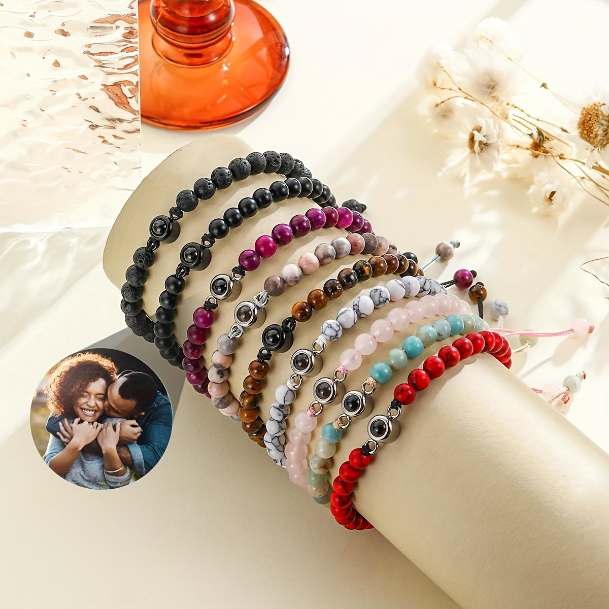 Moslashtiriladigan tabiiy tosh bo'yoqli bilaguzuk, shaxsiy fotosurat proektsiyasi bilan, oltin, kumush, ro'za oltin yoki qora rangda