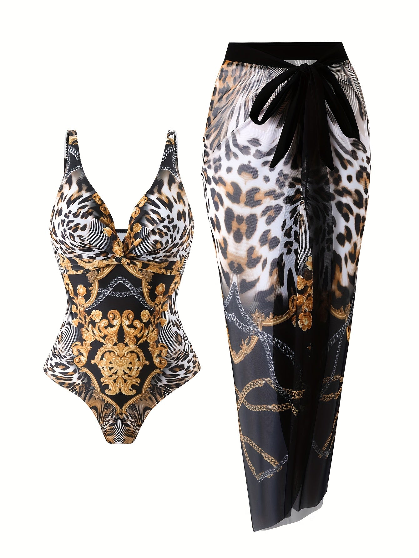 Leopard Print Body Suit Set with Twist Design and Deep V Neck for Women