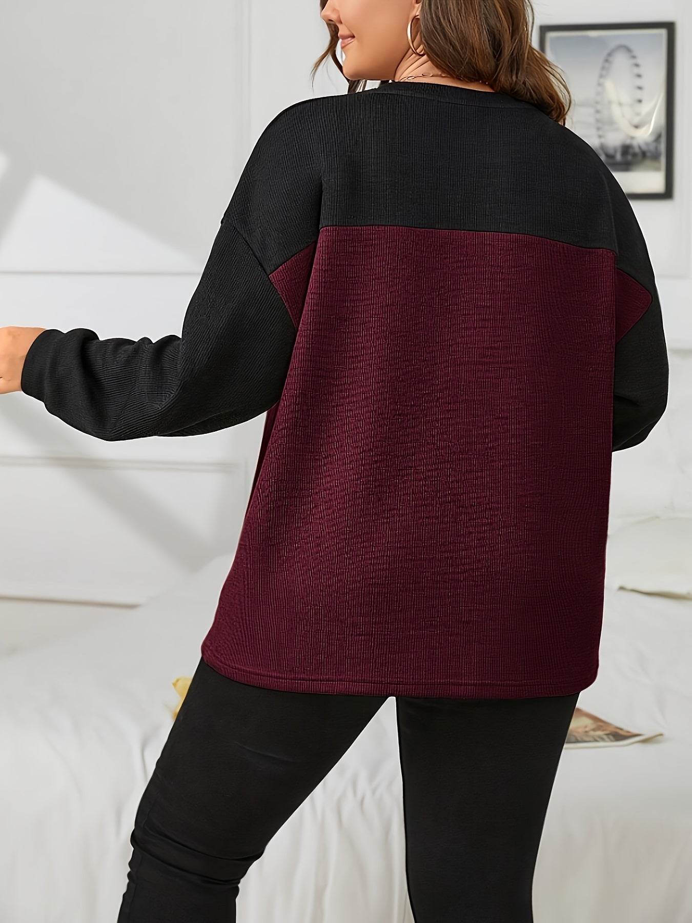 Sudadera holgada de colorblock para tallas grandes, casual, de manga larga y cuello redondo para mujer