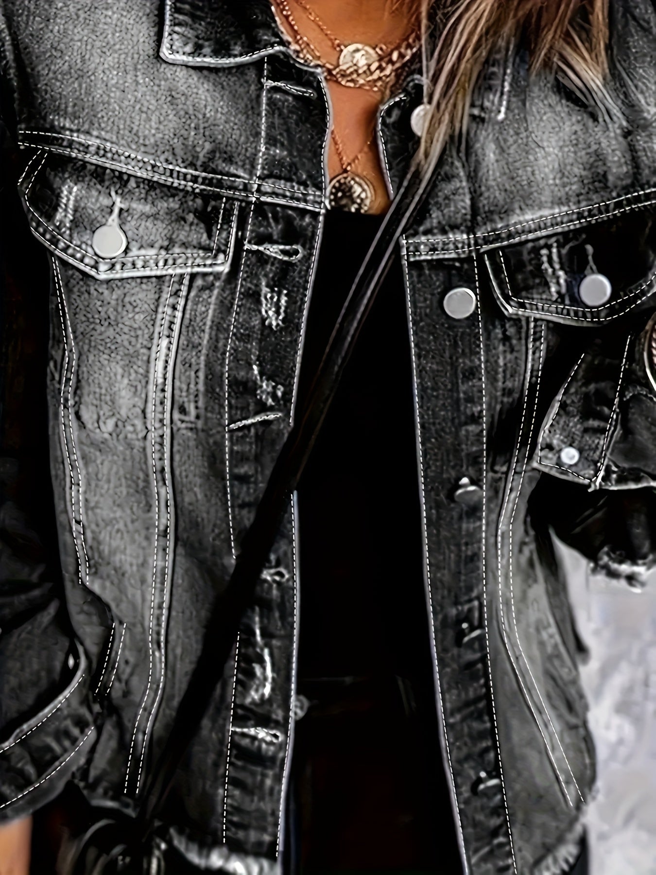 Plus Size Women's Denim Jacket Black Washed Casual Outerwear