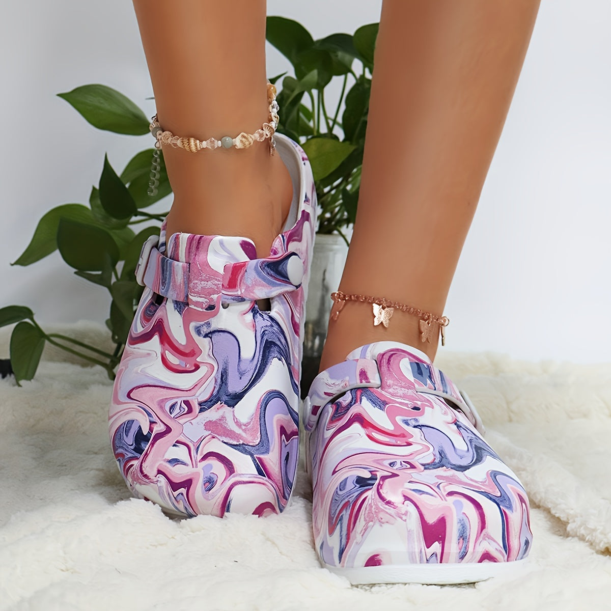 Women's Floral Pattern EVA Slip-On Mule Slippers with Adjustable Buckle