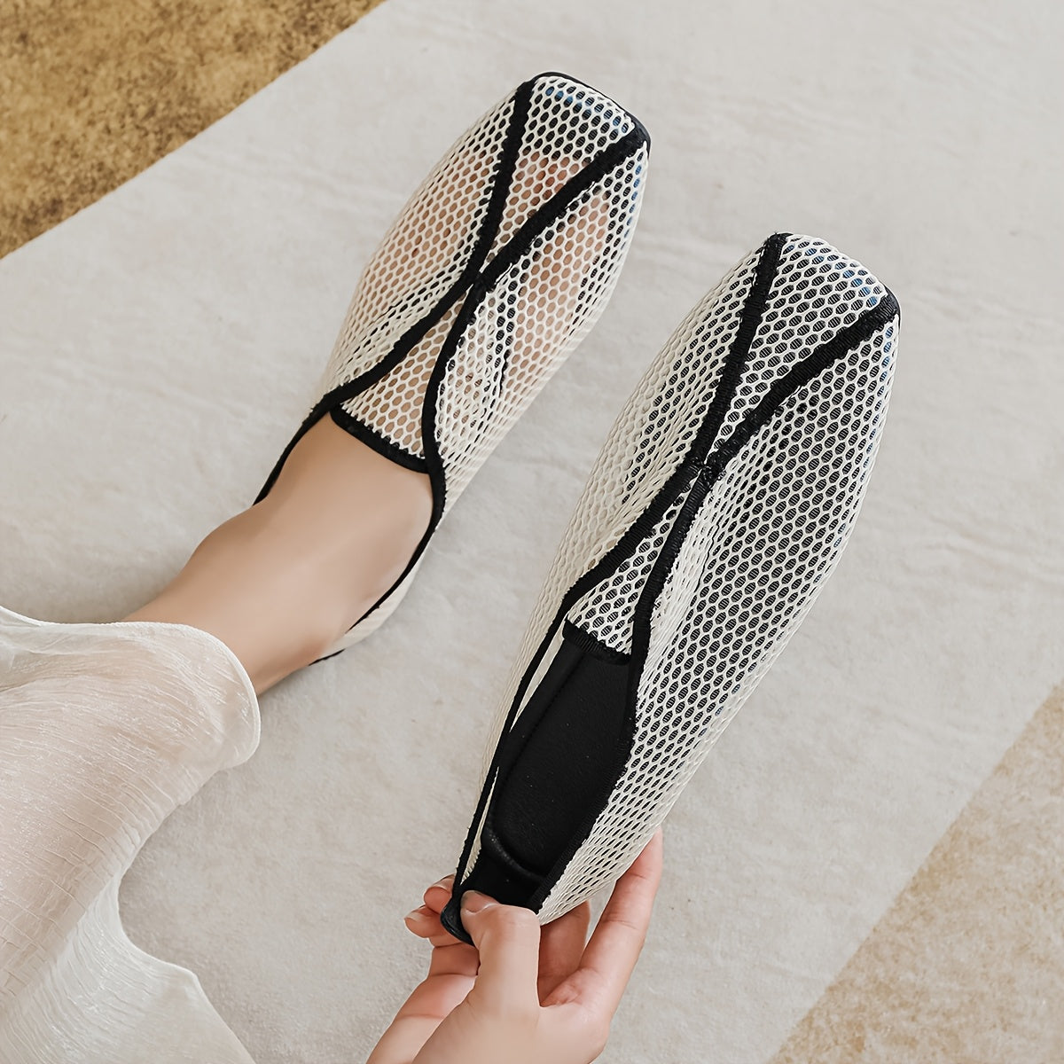 Women's Mesh Mary Jane Flats Slip-On Comfort Shoes with Square Toe