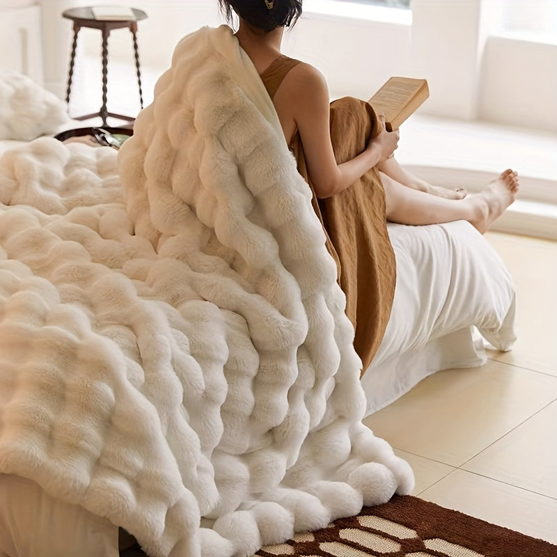 Plush Reversible Bubble Fleece Throw Blanket for Sofa Bed Travel White