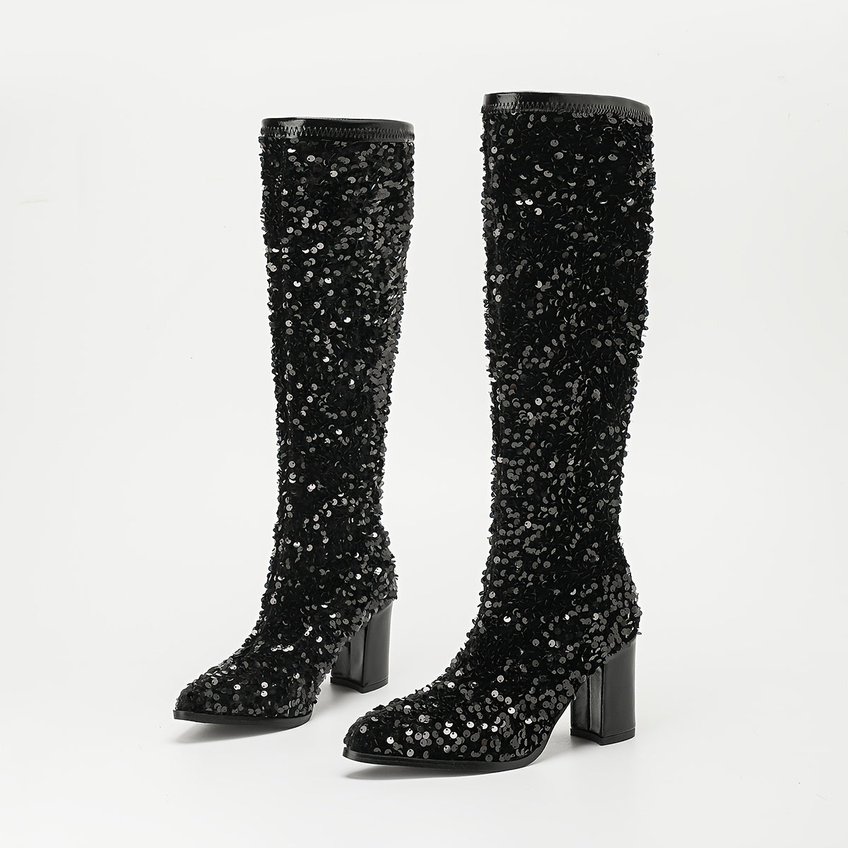 Women's Black Sequin Ankle Boots Pointed Toe High Heel Dress Shoes