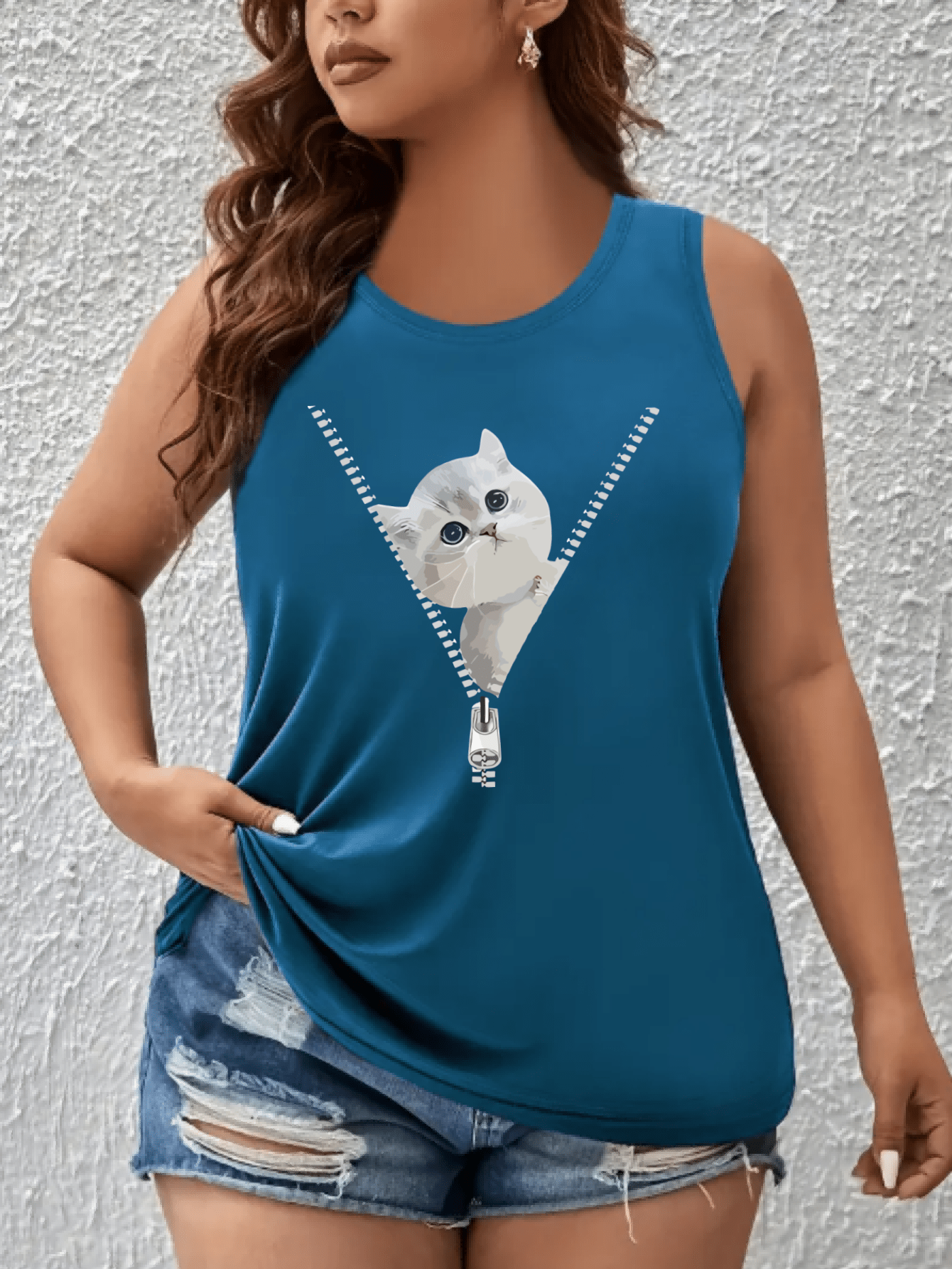 Women's Plus Size Off-The-Shoulder Sleeveless Top with Cat Print Breathable Fabric