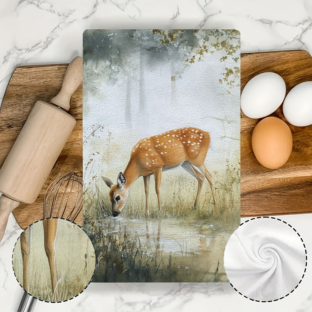 Set of 2 Ultra Soft Kitchen Towels Deer Grazing Scene 40x60cm Absorbent