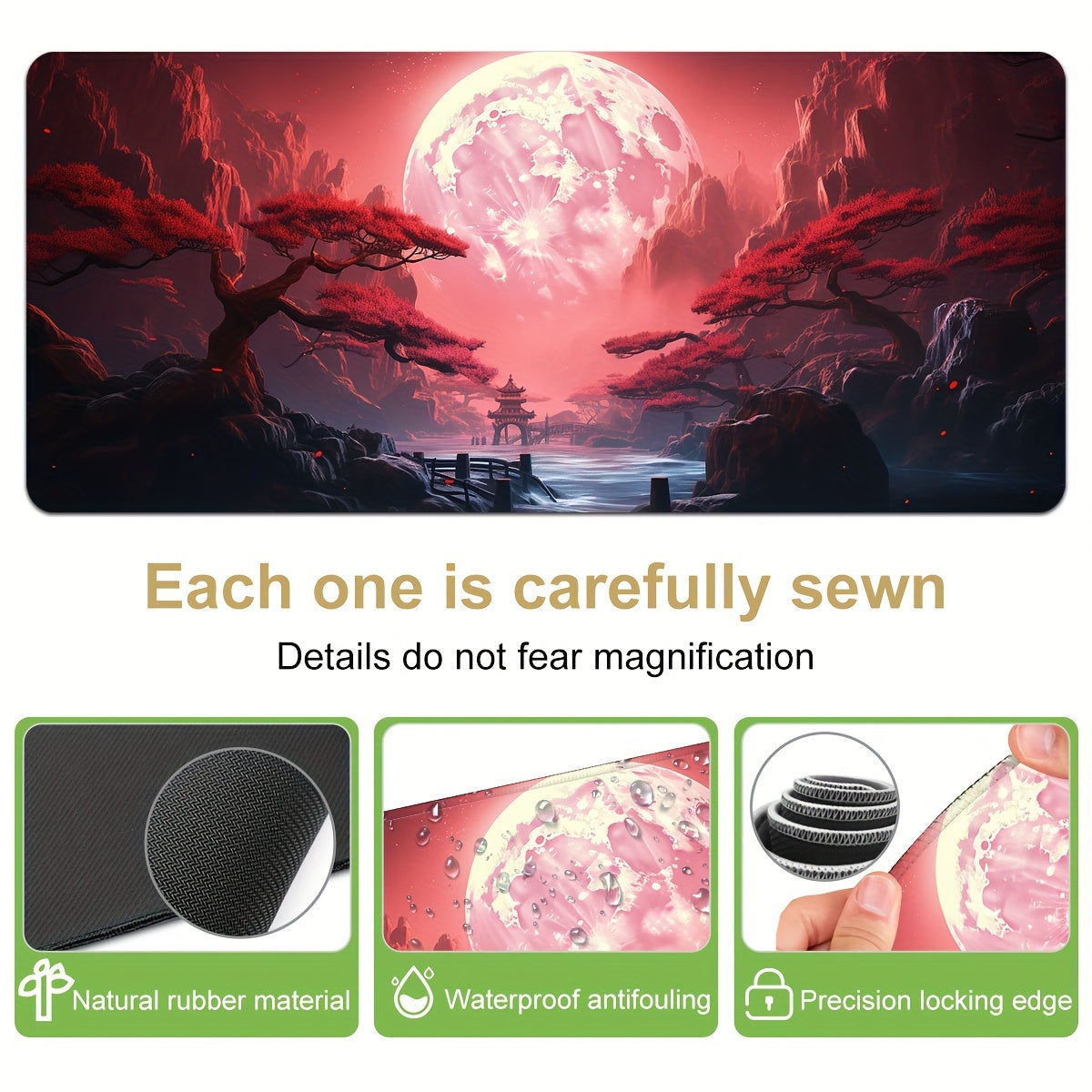 Большой игровой коврик для мыши с красным пейзажным дизайном, нескользящая резиновая основа, прошитые края