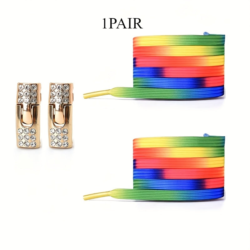 Unisex Rainbow Rhinestone Buckle Shoelaces 3 Pairs, Elastic, Fashion