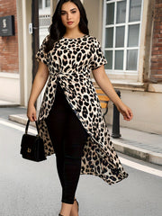 Plus Size Leopard Print Crew Neck Blouse Short Sleeve Asymmetrical Spring Summer Women