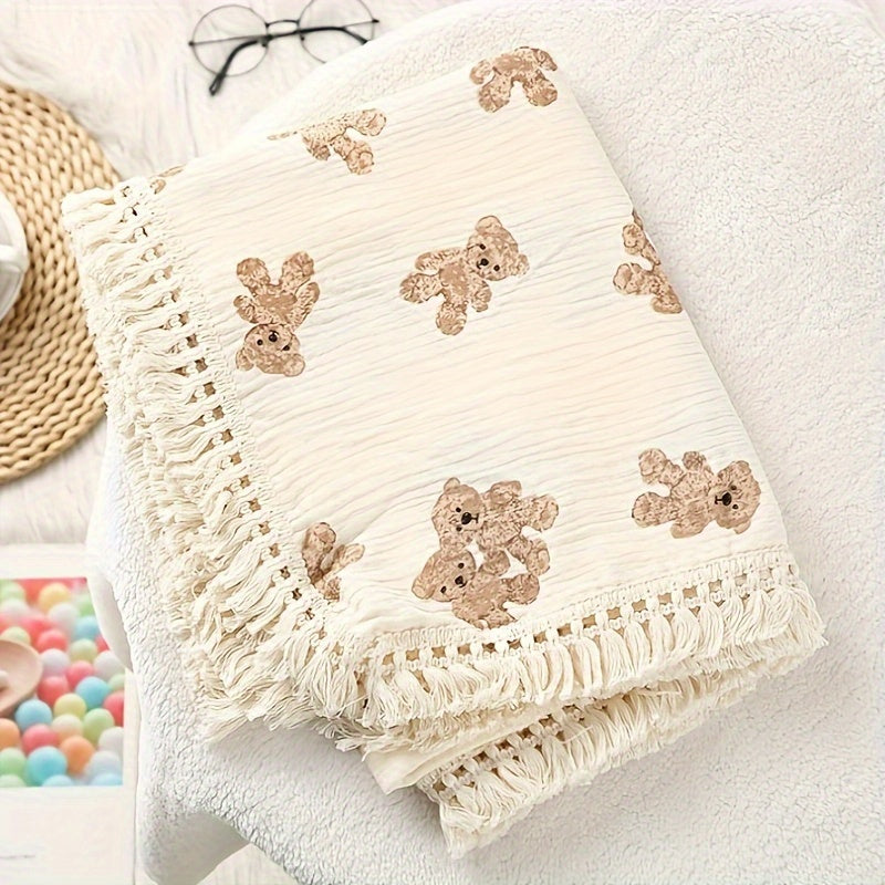 Manta de bebé tejida con estampado de oso de peluche y flecos, 80cm x 65cm