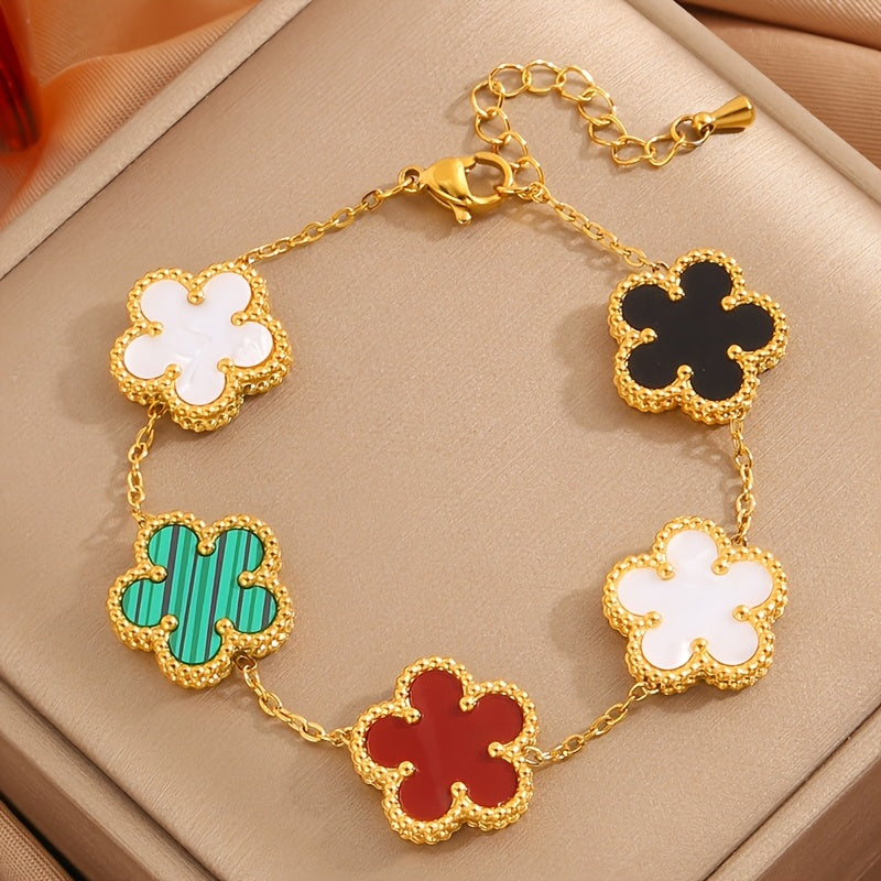 Set of 4 Gold Plated Stainless Steel Flower Bracelets with Rhinestones Boho Style for Women