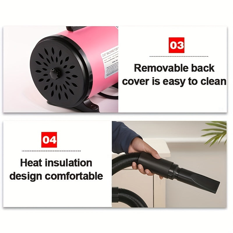 Pink High-Power Low-Noise Pet Hair Dryer for Large Dogs with Quick Drying and Adjustable Nozzles