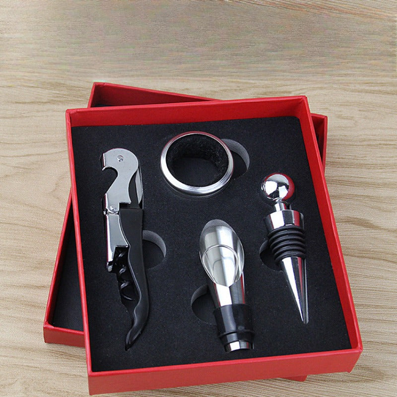 Stainless Steel Wine Opener Set with Corkscrew, Pourer, Stopper and Knife