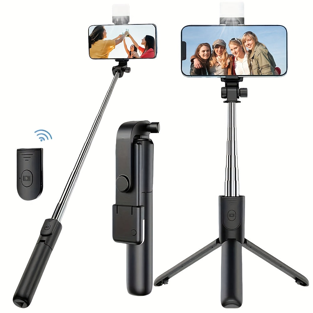 Расширяемая мобильная селфи-палка-трипод с беспроводным пультом и 360° вращением. Совместима с различными смартфонами. Идеально подходит в качестве подарка.